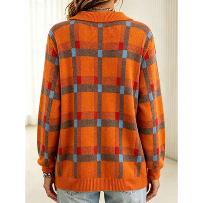 Retro Plaid Knit Cardigan with Collar and Long Sleeves