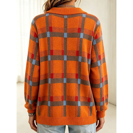 Retro Plaid Knit Cardigan with Collar and Long Sleeves