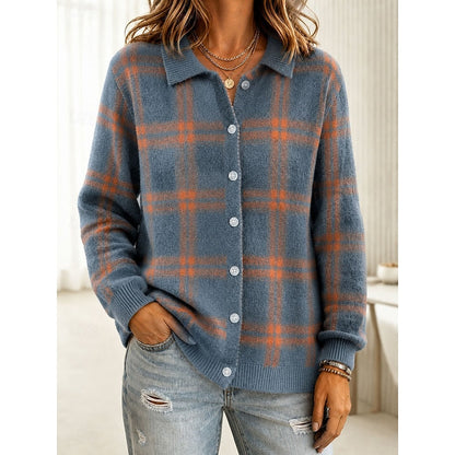 Retro Plaid Knit Cardigan with Collar and Long Sleeves