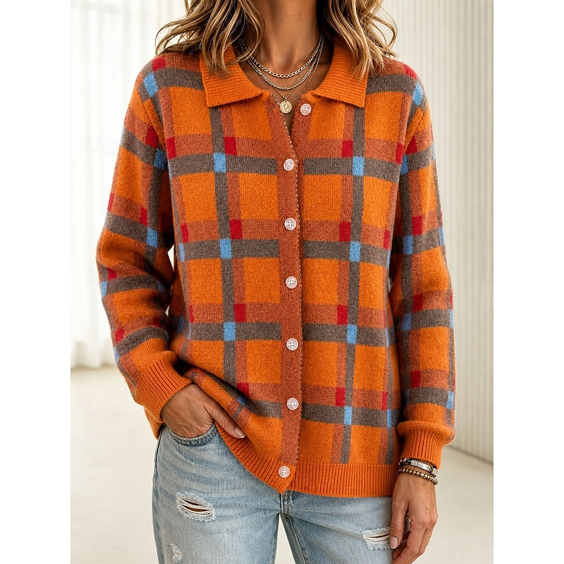Retro Plaid Knit Cardigan with Collar and Long Sleeves