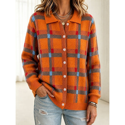Retro Plaid Knit Cardigan with Collar and Long Sleeves