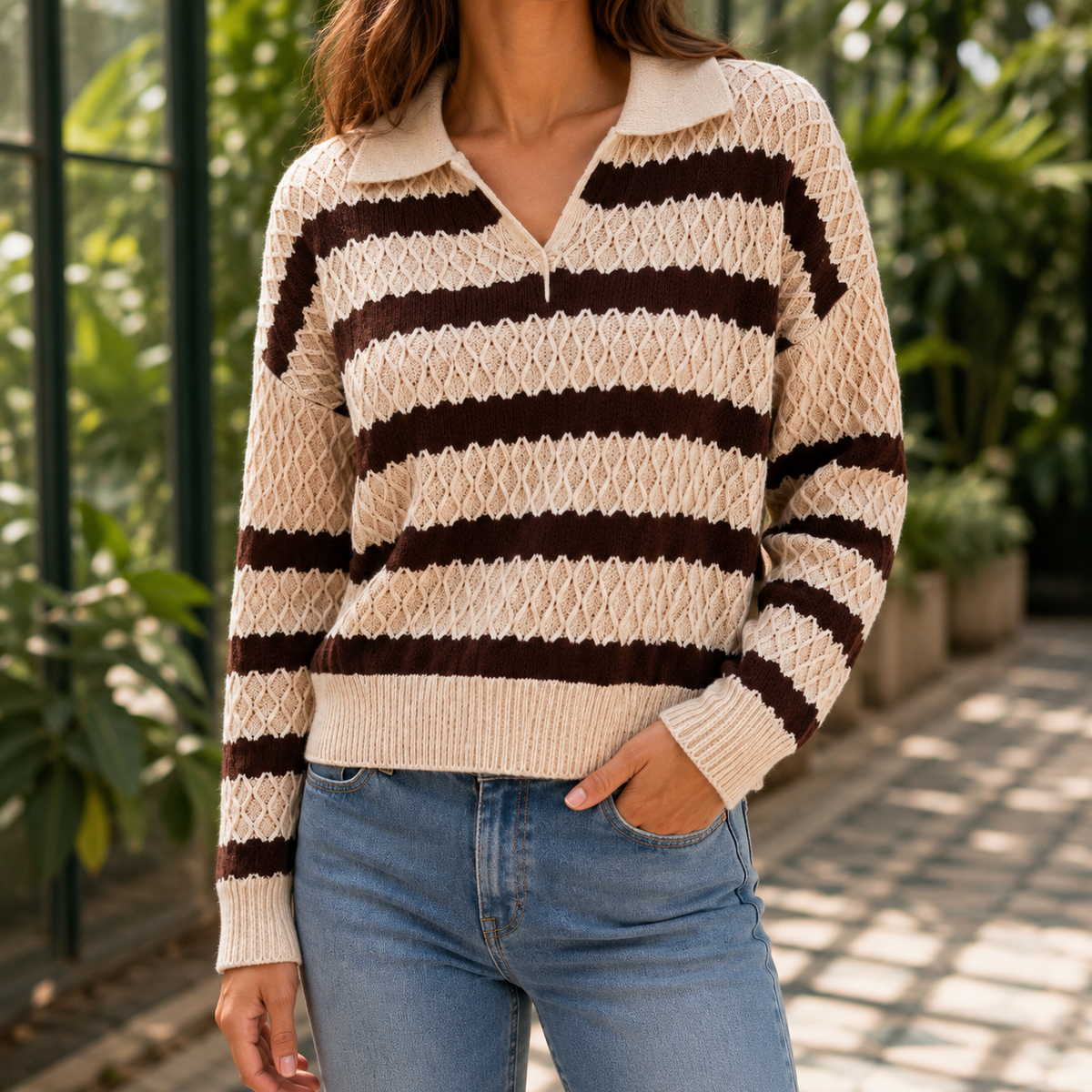 Retro Striped Open Collar Sweater with Diamond Knit Texture