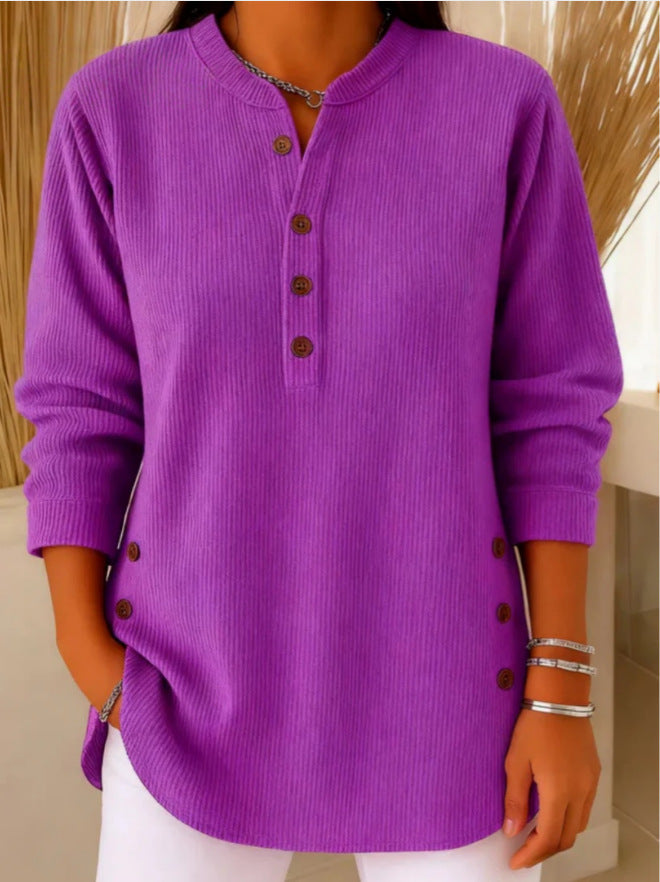 Ribbed Henley Tunic Top with Button Detail and Curved Hem
