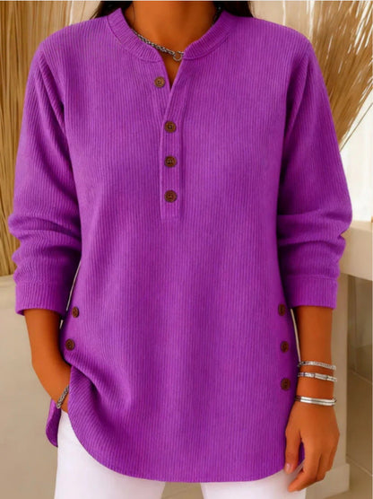 Ribbed Henley Tunic Top with Button Detail and Curved Hem