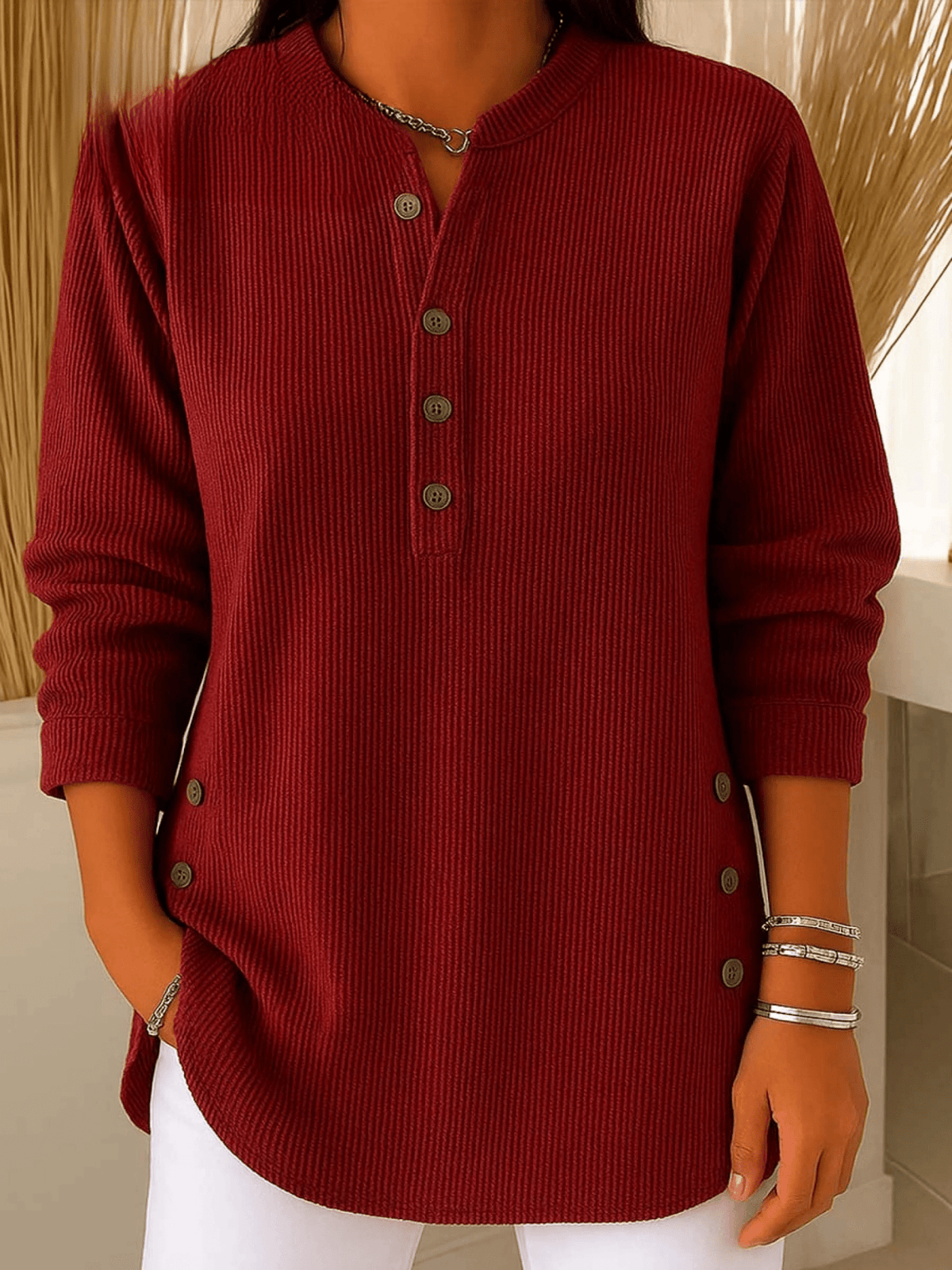 Ribbed Henley Tunic Top with Button Detail and Curved Hem