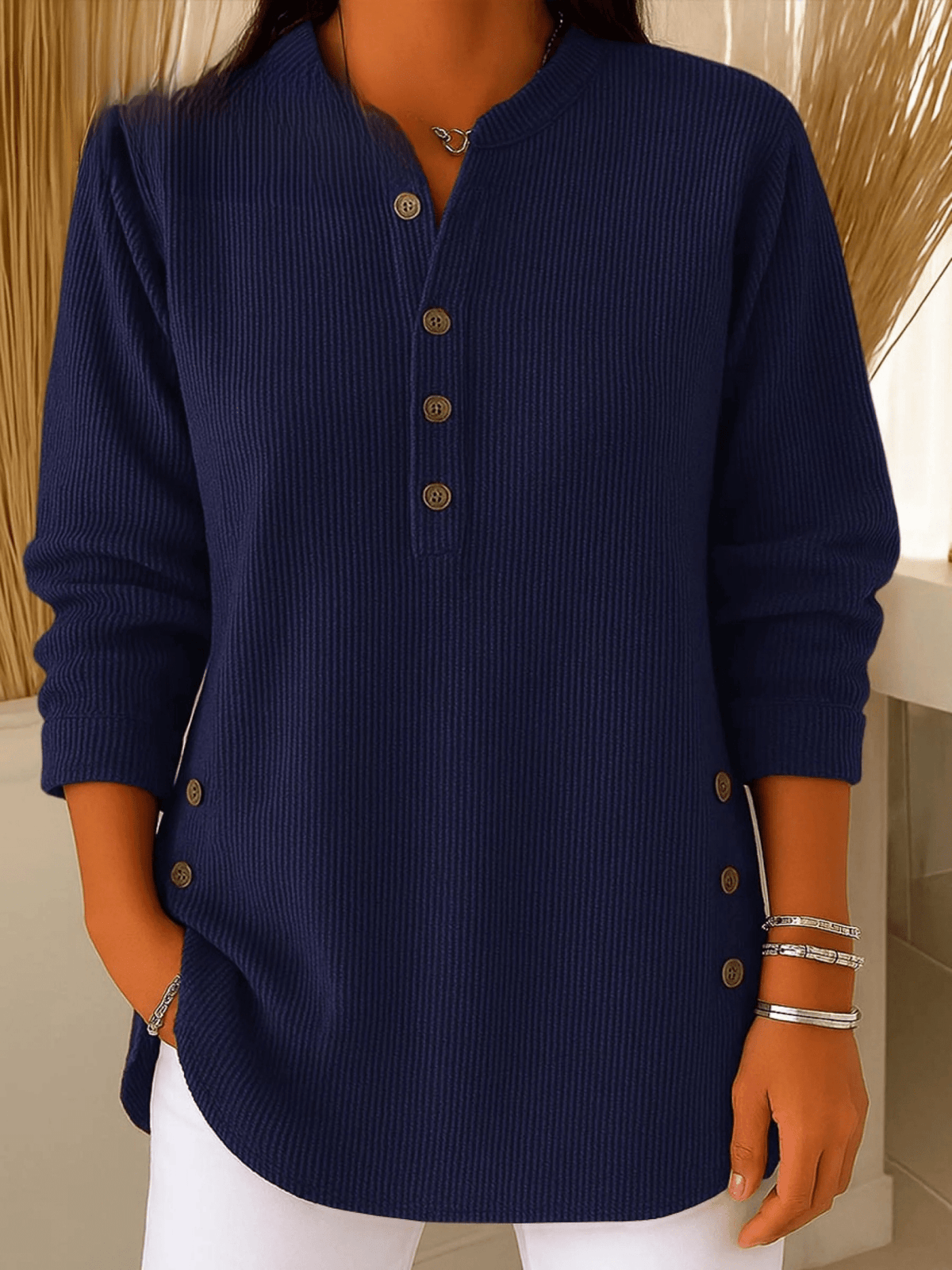 Ribbed Henley Tunic Top with Button Detail and Curved Hem