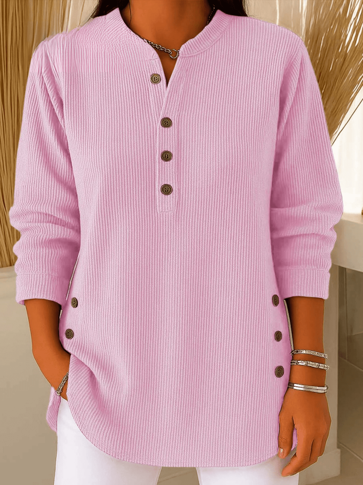 Ribbed Henley Tunic Top with Button Detail and Curved Hem