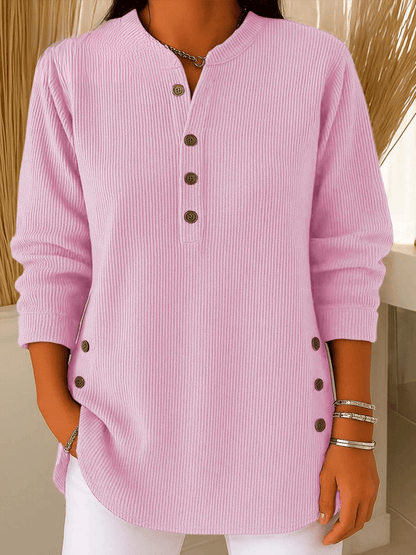 Ribbed Henley Tunic Top with Button Detail and Curved Hem