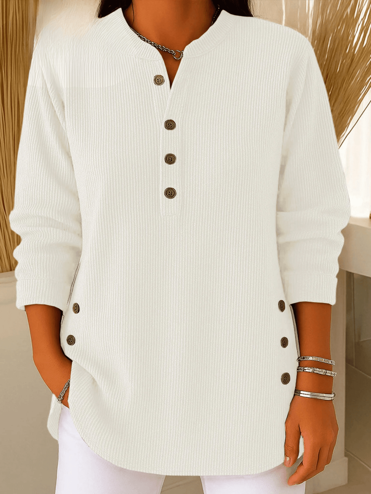 Ribbed Henley Tunic Top with Button Detail and Curved Hem