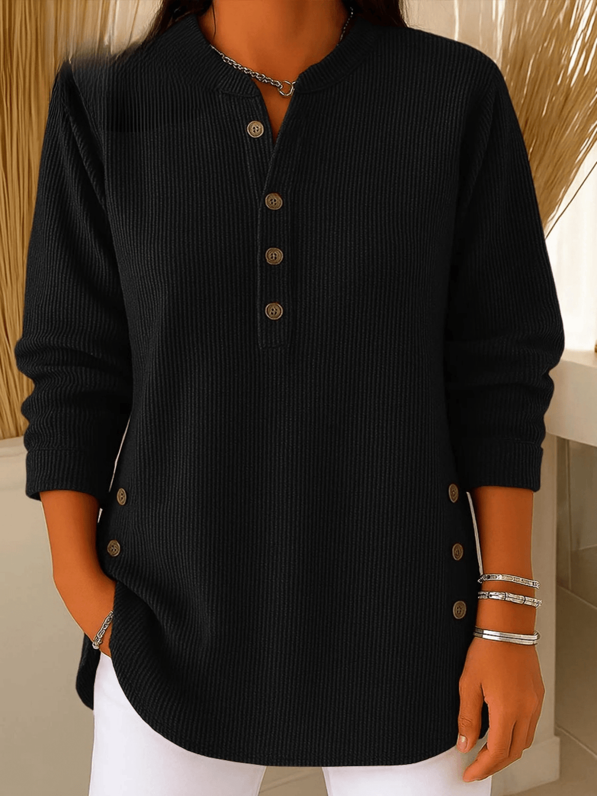 Ribbed Henley Tunic Top with Button Detail and Curved Hem
