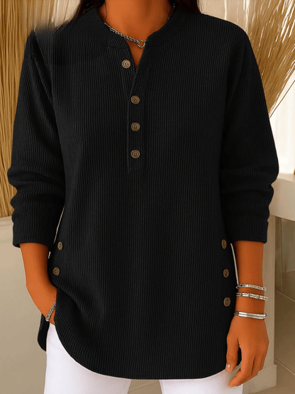 Ribbed Henley Tunic Top with Button Detail and Curved Hem