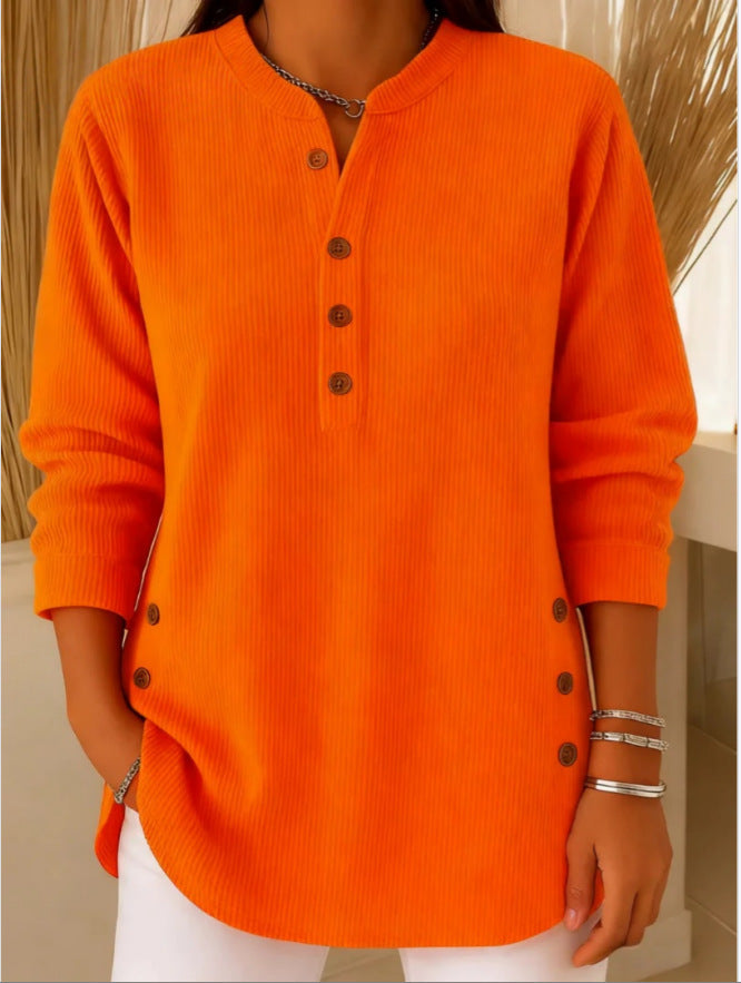 Ribbed Henley Tunic Top with Button Detail and Curved Hem