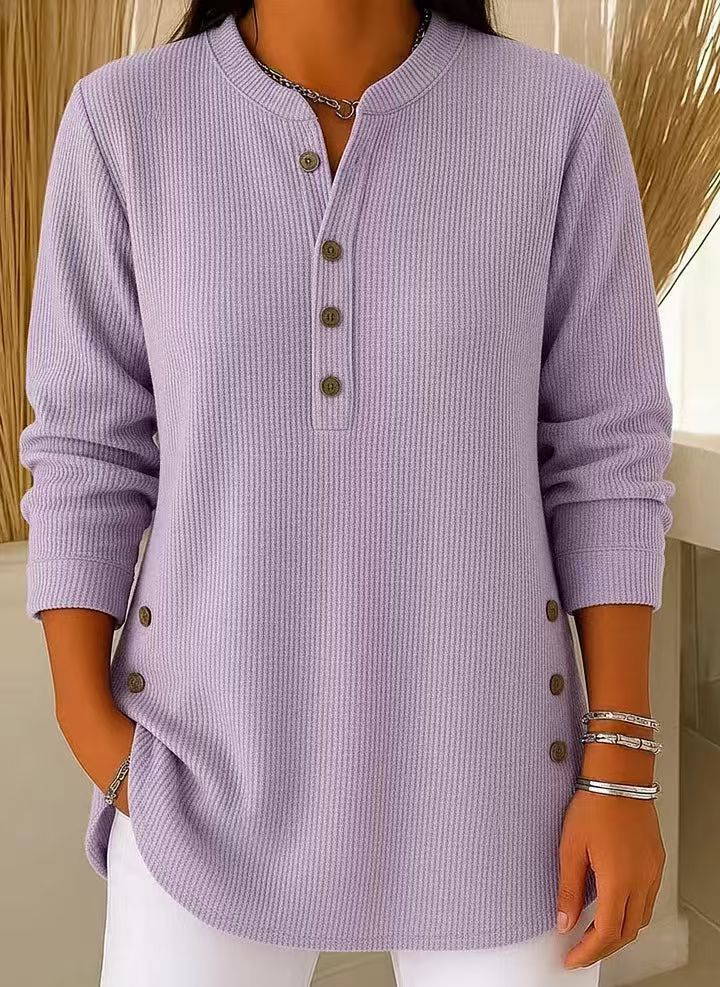 Ribbed Henley Tunic Top with Button Detail and Curved Hem