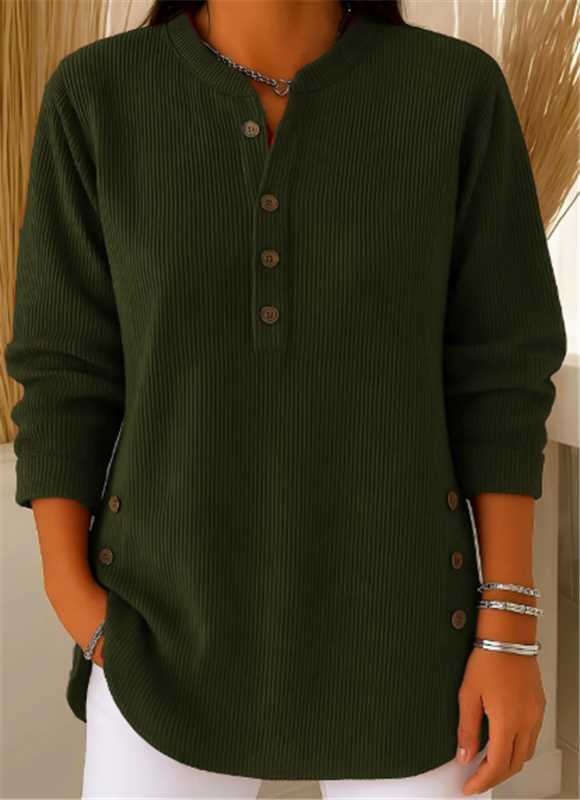 Ribbed Henley Tunic Top with Button Detail and Curved Hem