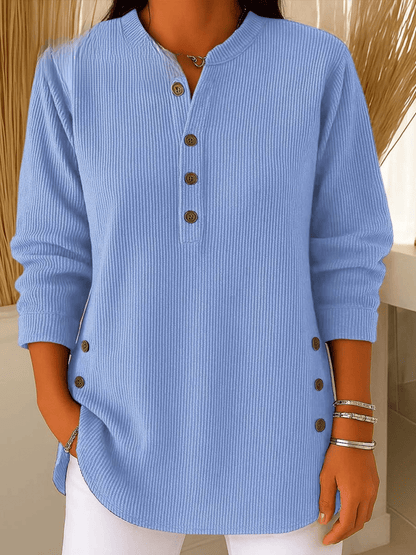 Ribbed Henley Tunic Top with Button Detail and Curved Hem