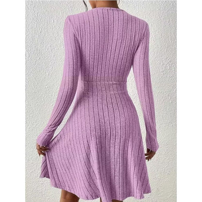 Ribbed Knit Wrap V-Neck Mini Dress with Flared Skirt