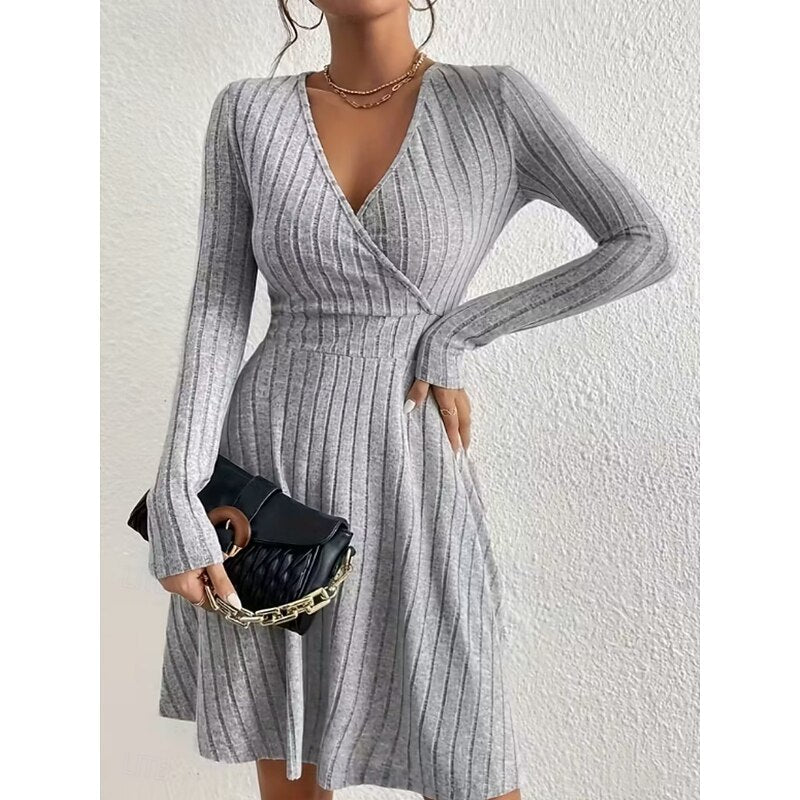 Ribbed Knit Wrap V-Neck Mini Dress with Flared Skirt