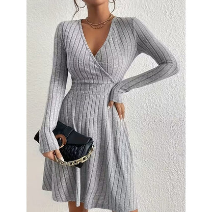 Ribbed Knit Wrap V-Neck Mini Dress with Flared Skirt