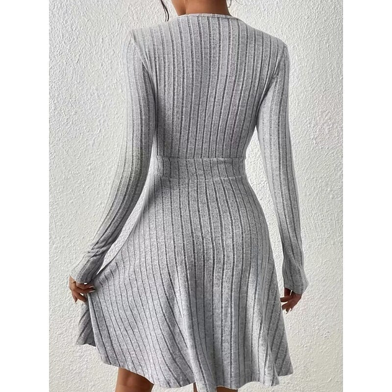 Ribbed Knit Wrap V-Neck Mini Dress with Flared Skirt