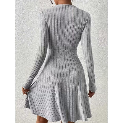 Ribbed Knit Wrap V-Neck Mini Dress with Flared Skirt