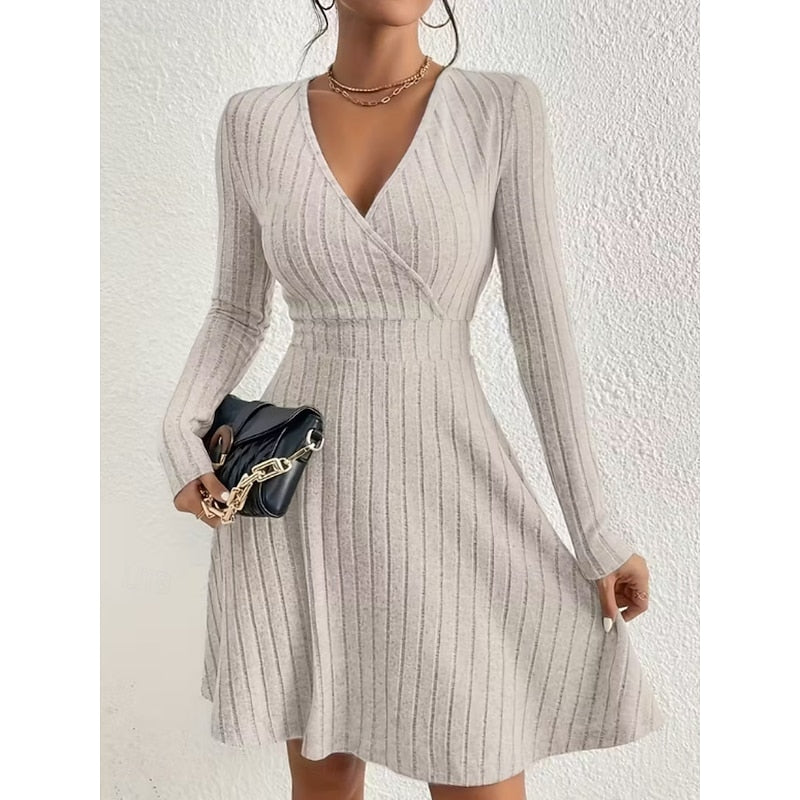 Ribbed Knit Wrap V-Neck Mini Dress with Flared Skirt