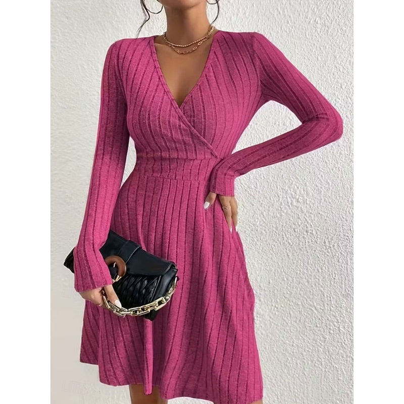 Ribbed Knit Wrap V-Neck Mini Dress with Flared Skirt