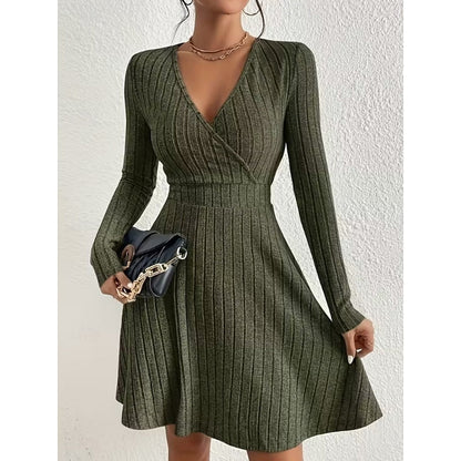 Ribbed Knit Wrap V-Neck Mini Dress with Flared Skirt