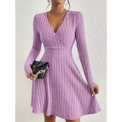 Ribbed Knit Wrap V-Neck Mini Dress with Flared Skirt