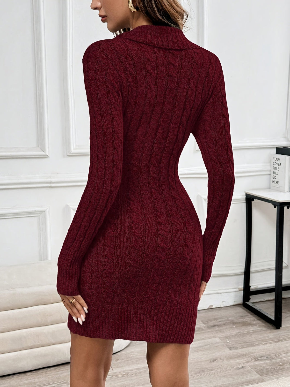 Rich Cable Knit Mini Dress with V-Neckline and Gold Buttons