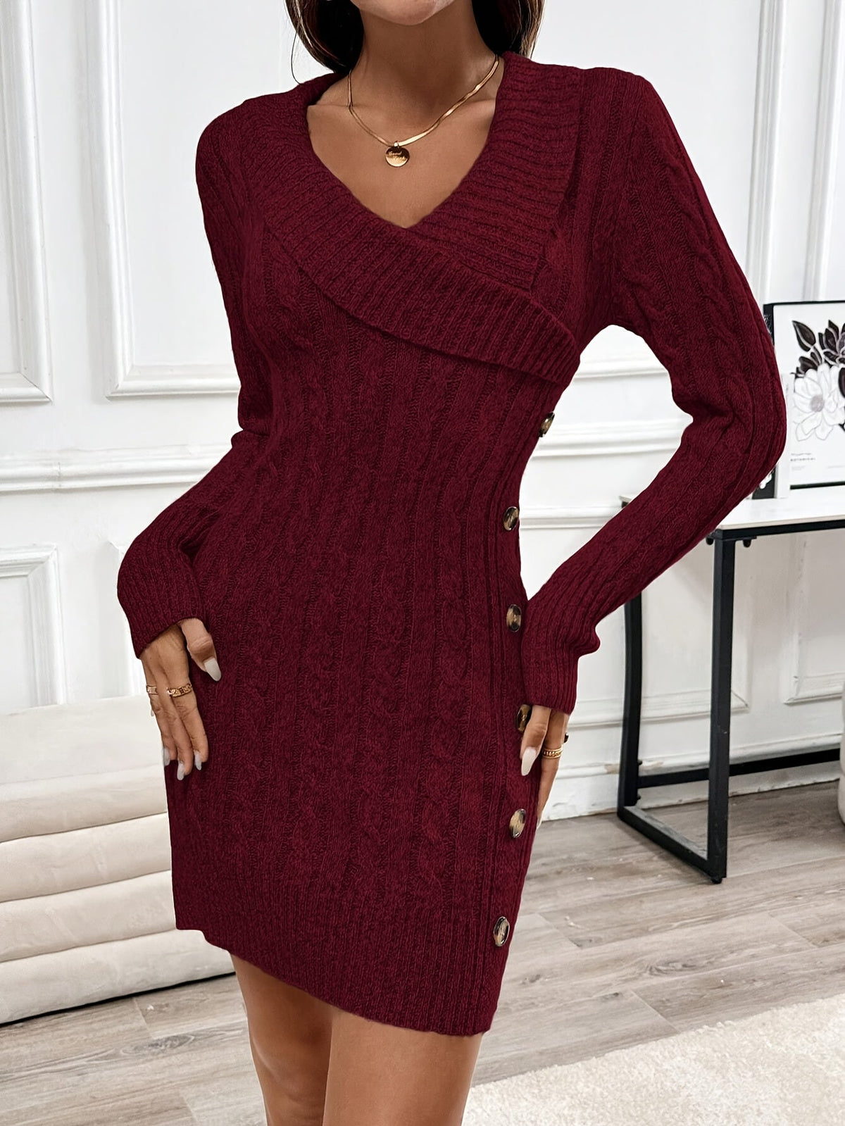 Rich Cable Knit Mini Dress with V-Neckline and Gold Buttons