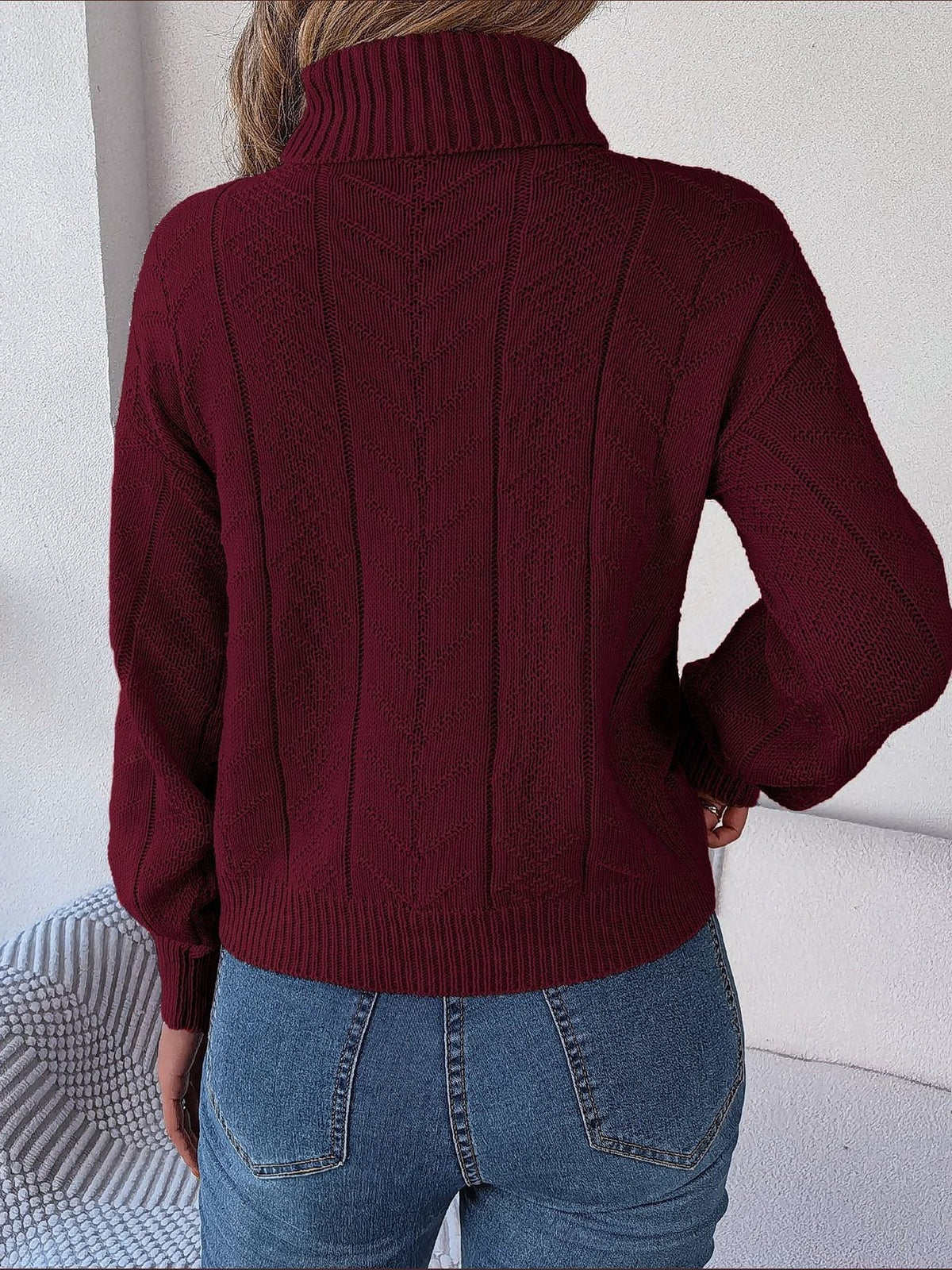 Rich Cable Knit Turtleneck Sweater in Burgundy