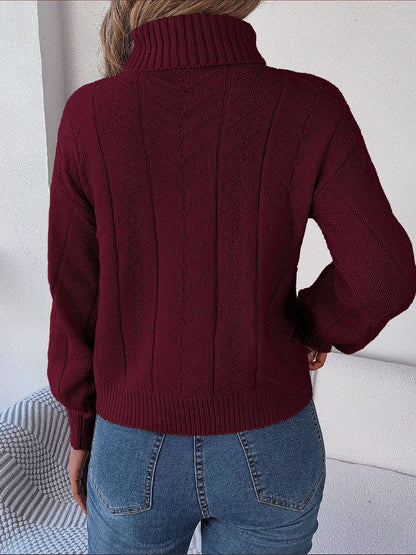 Rich Cable Knit Turtleneck Sweater in Burgundy