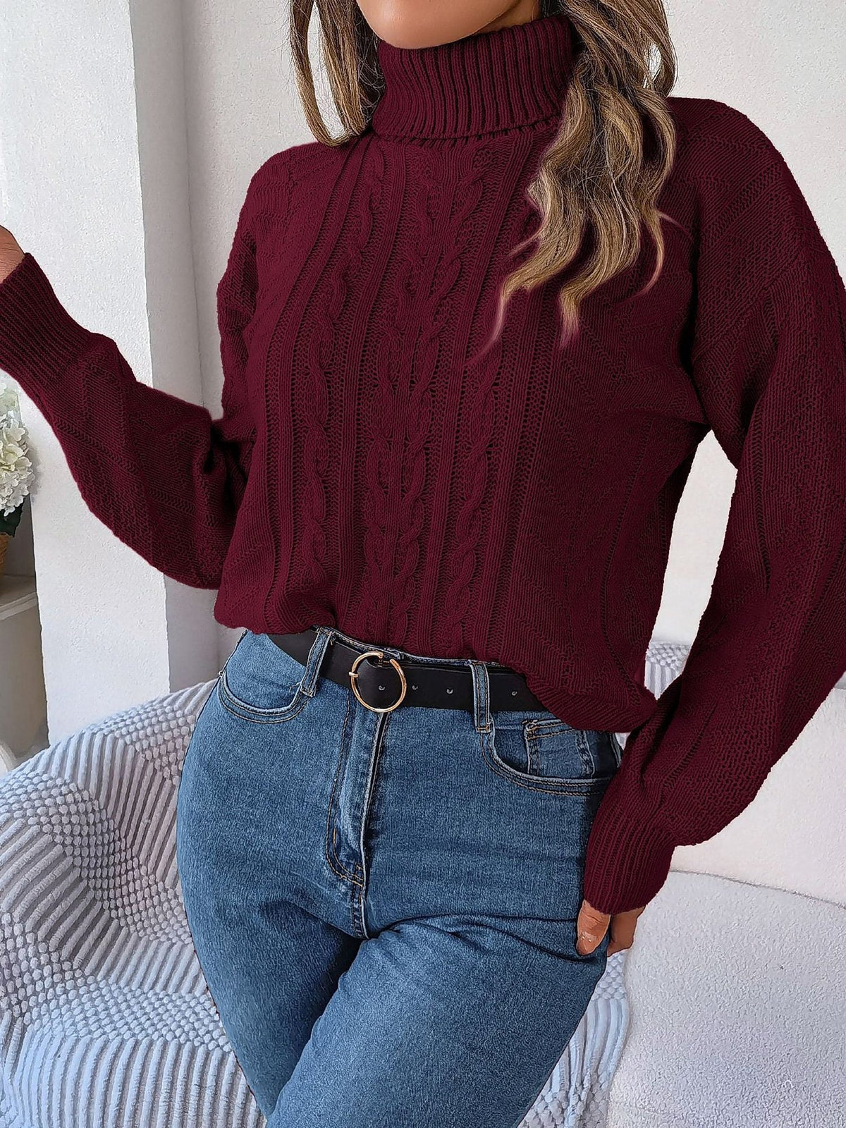 Rich Cable Knit Turtleneck Sweater in Burgundy