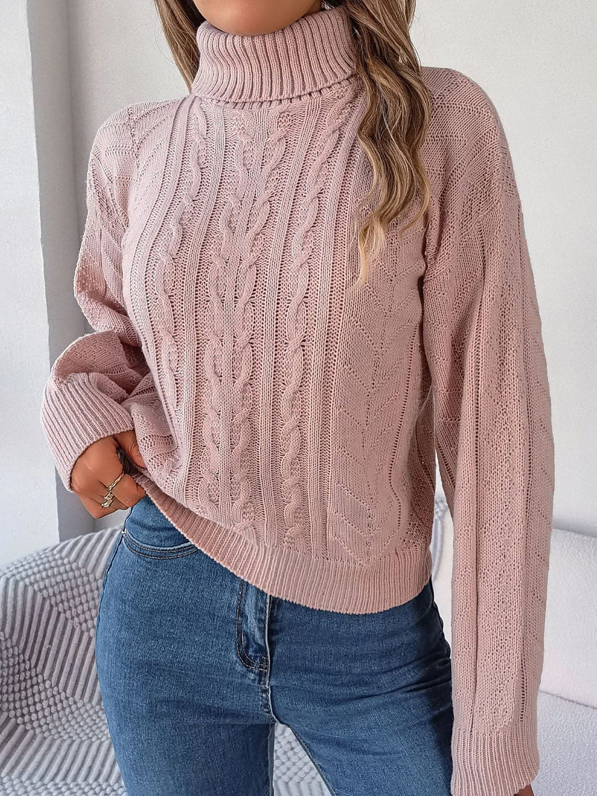 Rich Cable Knit Turtleneck Sweater in Burgundy