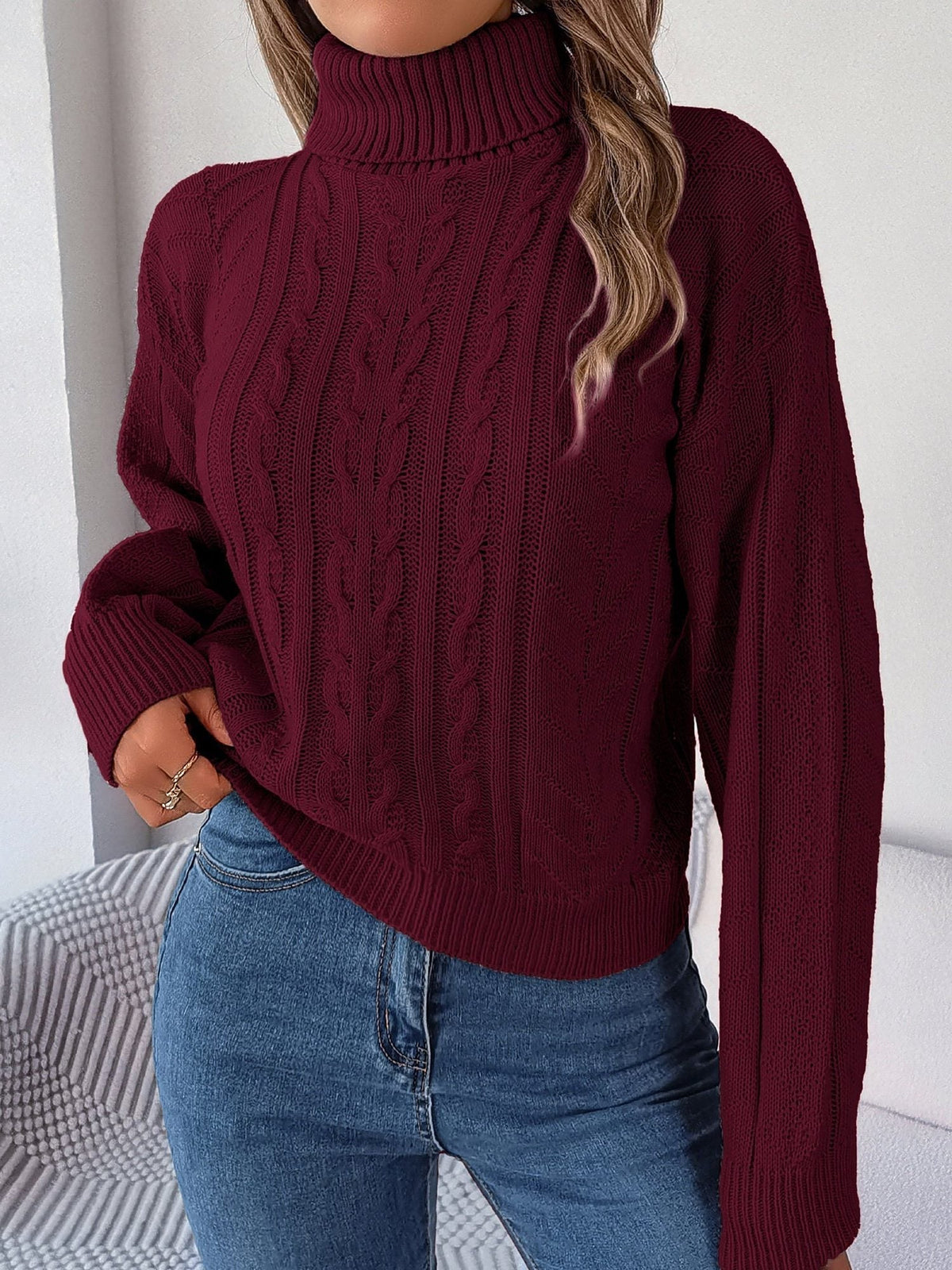 Rich Cable Knit Turtleneck Sweater in Burgundy
