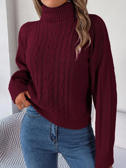 Rich Cable Knit Turtleneck Sweater in Burgundy