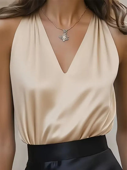 Sleek Satin Halter Top with Deep V-Neckline