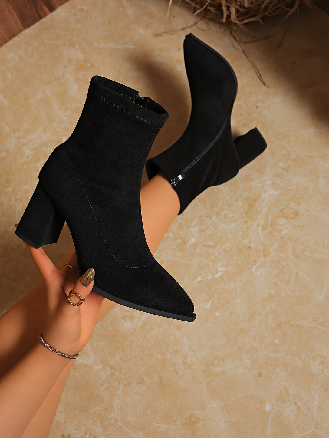 Sleek Suede Heeled Ankle Boots with Pointed Toe