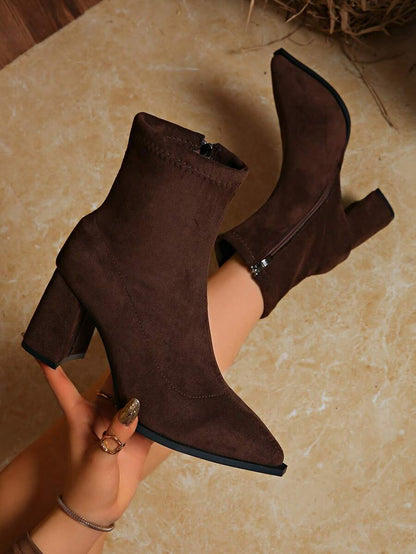 Sleek Suede Heeled Ankle Boots with Pointed Toe