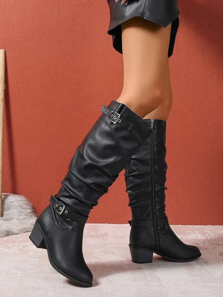 Slouched Leather Knee High Boots with Gold Buckle Straps
