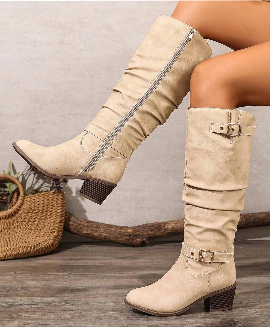 Slouched Leather Knee High Boots with Gold Buckle Straps
