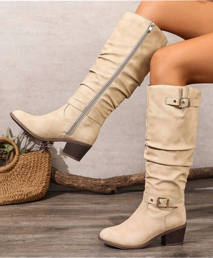 Slouched Leather Knee High Boots with Gold Buckle Straps