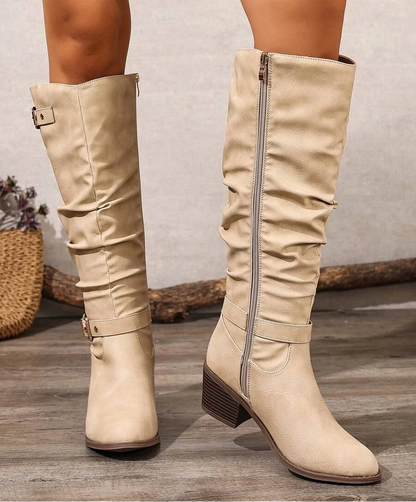 Slouched Leather Knee High Boots with Gold Buckle Straps