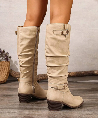 Slouched Leather Knee High Boots with Gold Buckle Straps