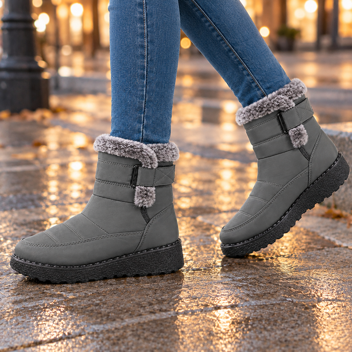 Snug Winter Ankle Boots with Fur Trim and Buckle Strap