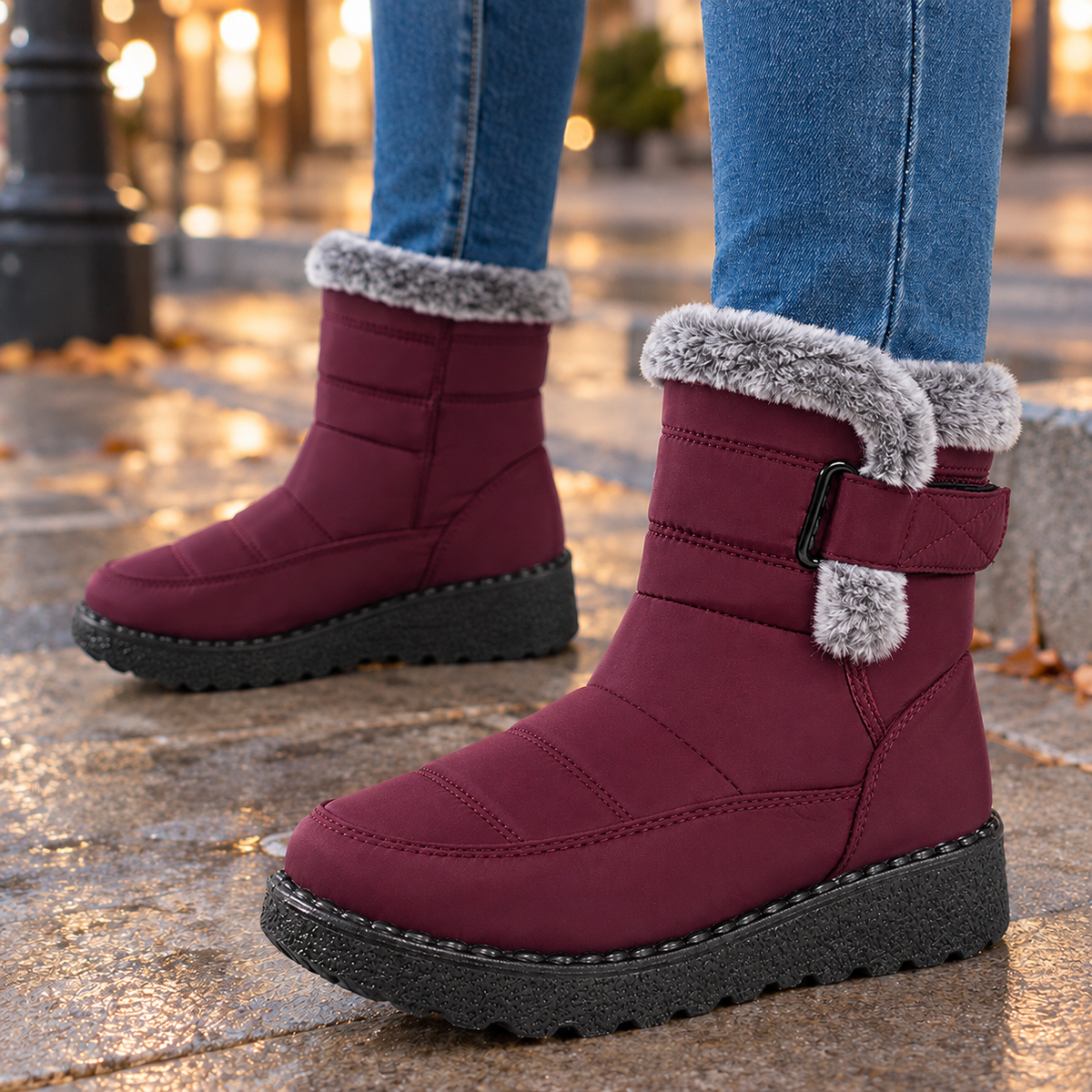 Snug Winter Ankle Boots with Fur Trim and Buckle Strap