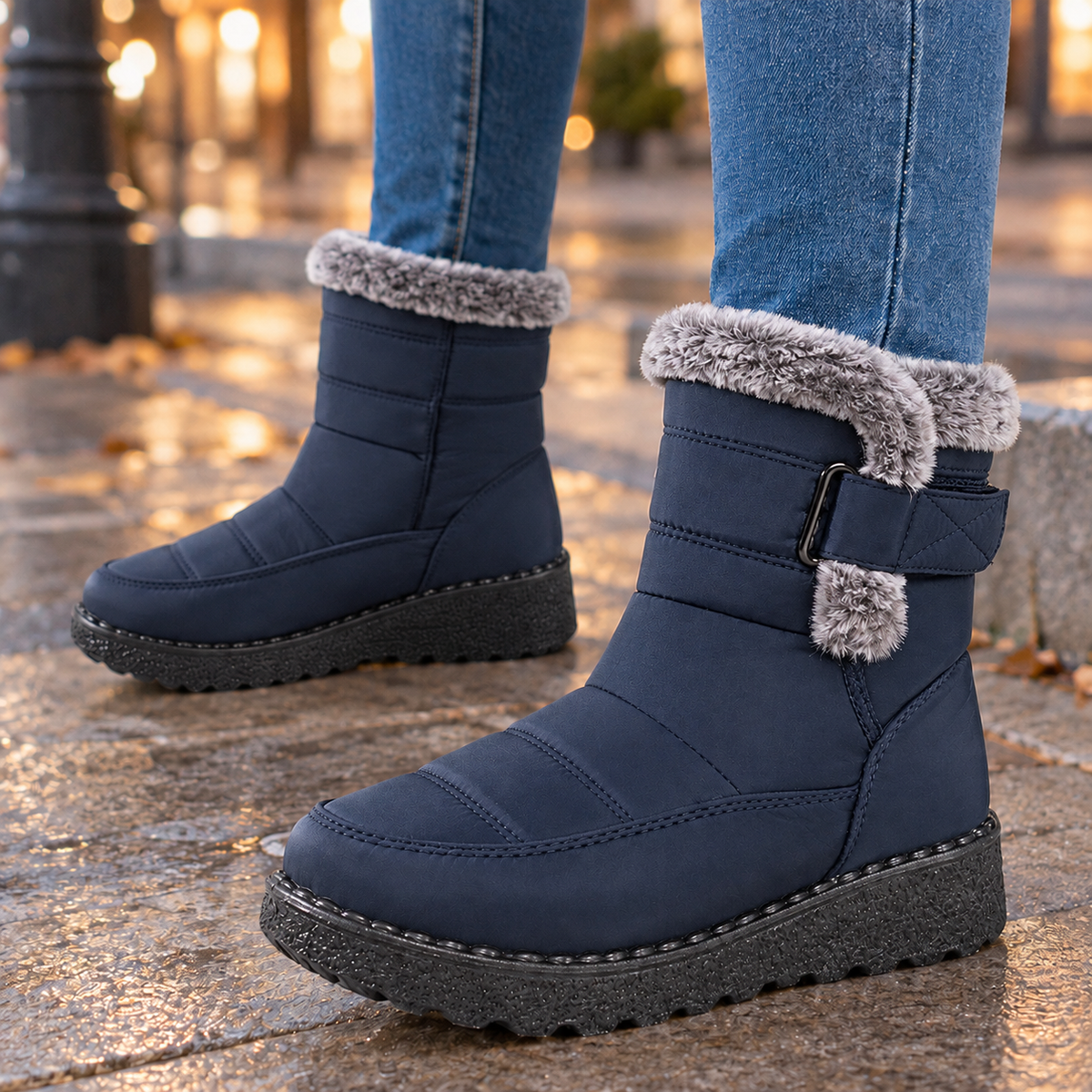 Snug Winter Ankle Boots with Fur Trim and Buckle Strap