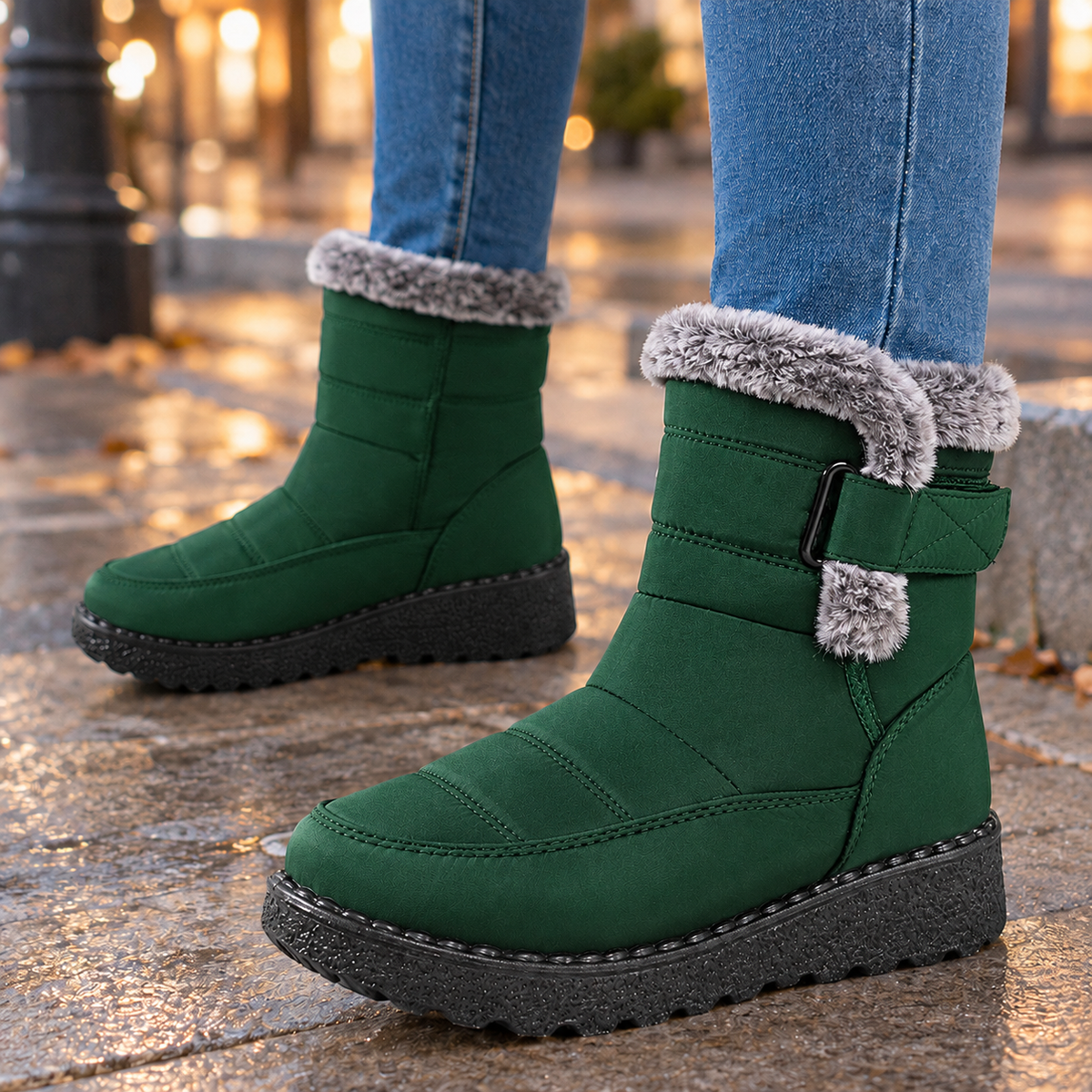 Snug Winter Ankle Boots with Fur Trim and Buckle Strap