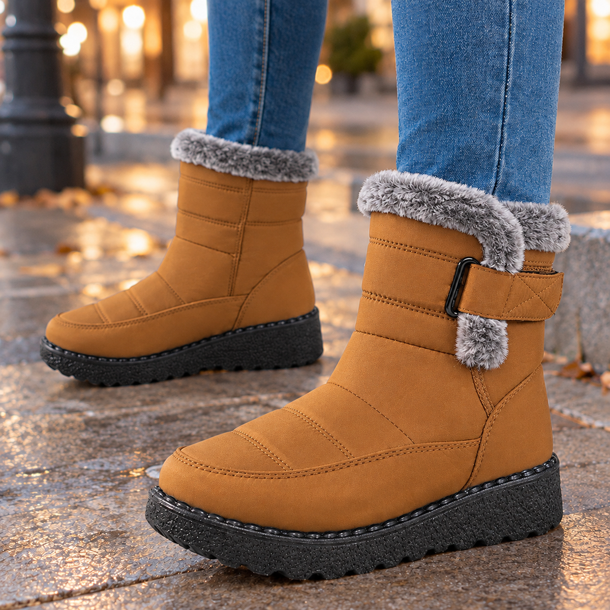 Snug Winter Ankle Boots with Fur Trim and Buckle Strap