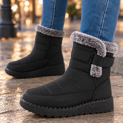 Snug Winter Ankle Boots with Fur Trim and Buckle Strap